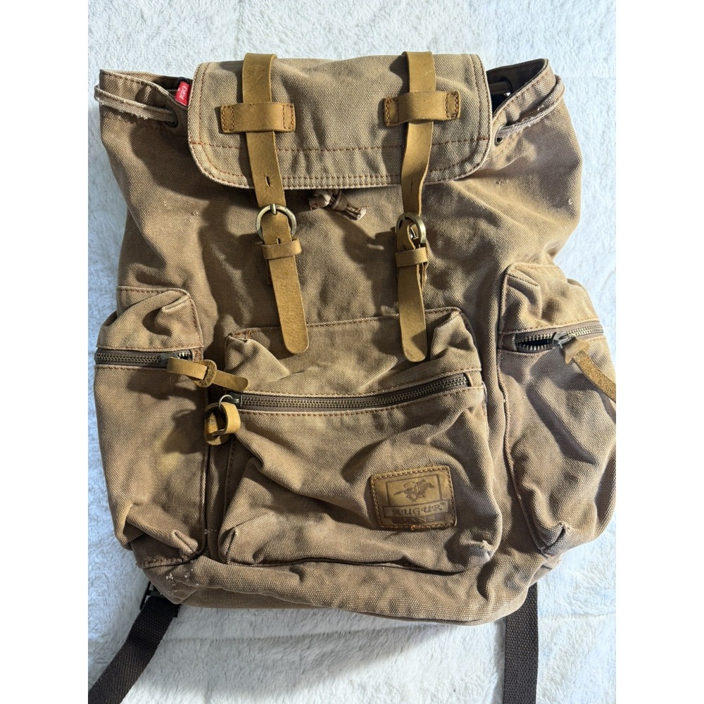 AUGUR Strauss & Co. Brown Canvas Hiking Backpack Leather Trim 5 Pockets